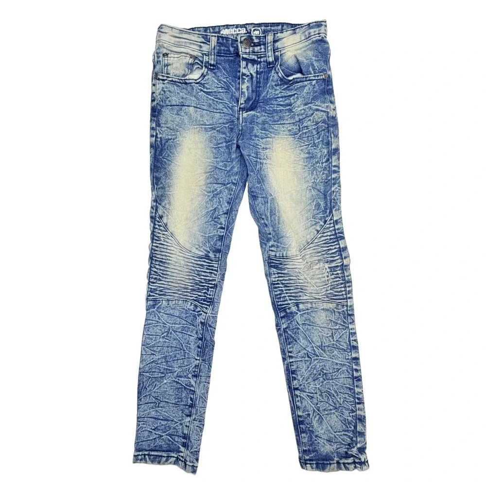 Mecca Stretch Fit Moto Jeans Youth Boys Size 10 Blue Acid Wash Distressed
